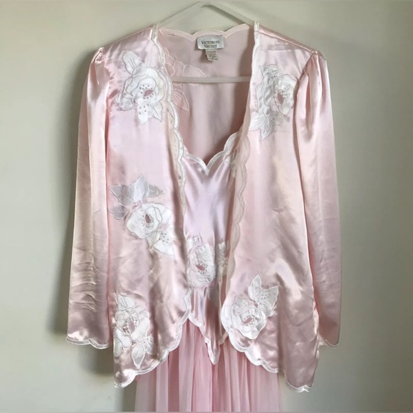 Vintage Victorias Secret Gown Pink Sheer Satin Womens Small Set 2 Pc Set - Picture 8 of 12